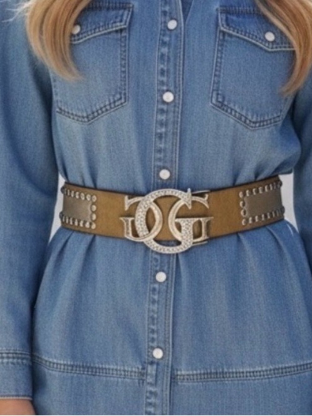 GUESS Rhinestone Logo Belt Genuine Leather Champagne Metallic Y2K